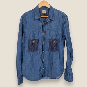 PRPS Goods & Co. Cotton Linen Denim Shirt Men Men Medium Blue Long Sleeve
